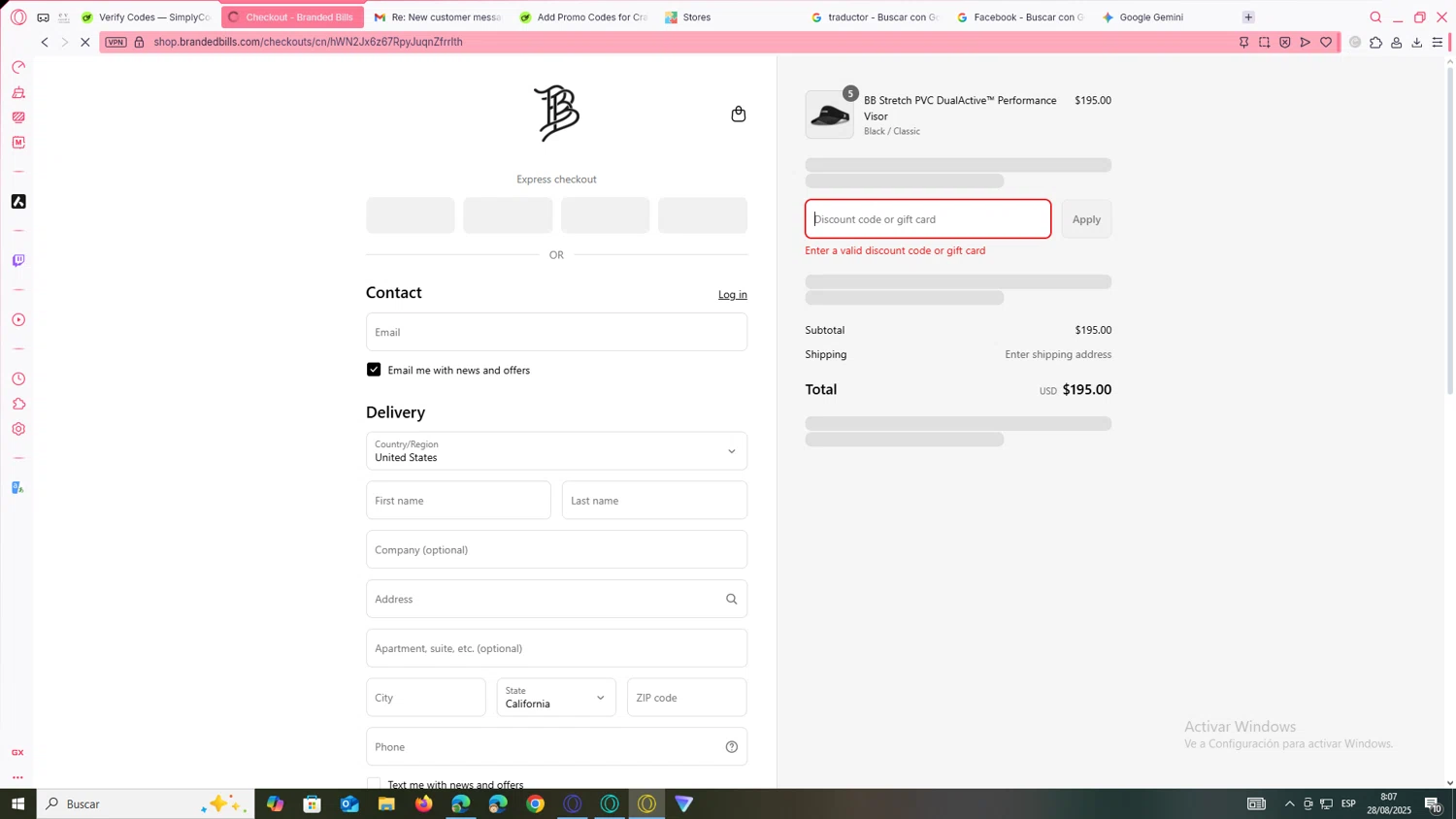 Branded Bills discount code screenshot showing code BBLDW20 applied at Branded Bills checkout page. Uploaded by SimplyCodes community member JEUGENIO on Aug 28, 2025