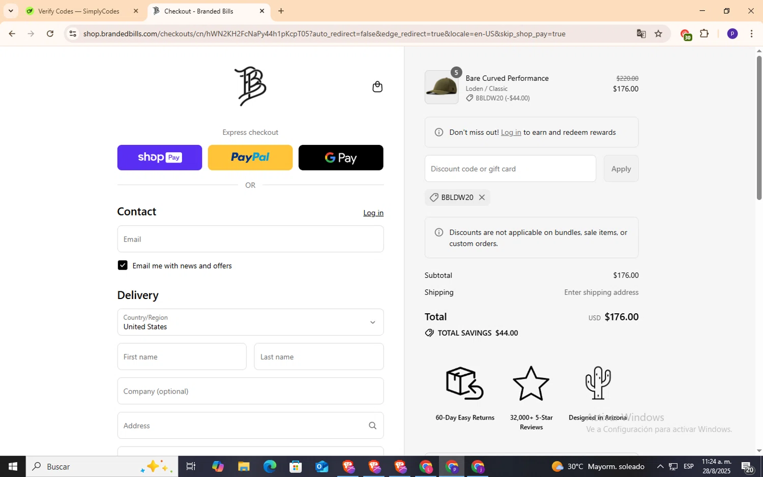 Branded Bills discount code screenshot showing code BBLDW20 applied at Branded Bills checkout page. Uploaded by SimplyCodes community member NobleFox9153 on Aug 28, 2025