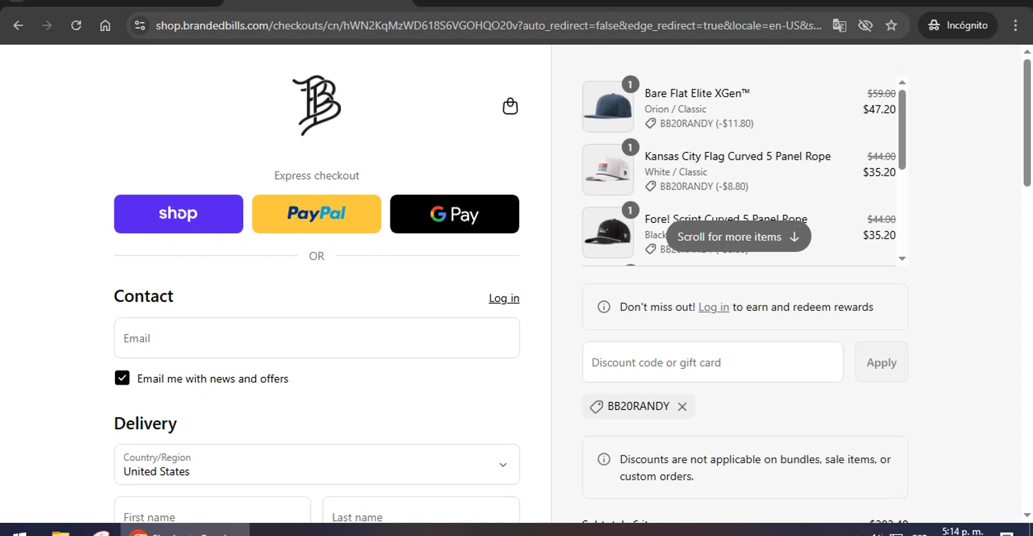 Branded Bills discount code screenshot showing code BB20RANDY applied at Branded Bills checkout page. Uploaded by SimplyCodes community member Marboro on Aug 28, 2025