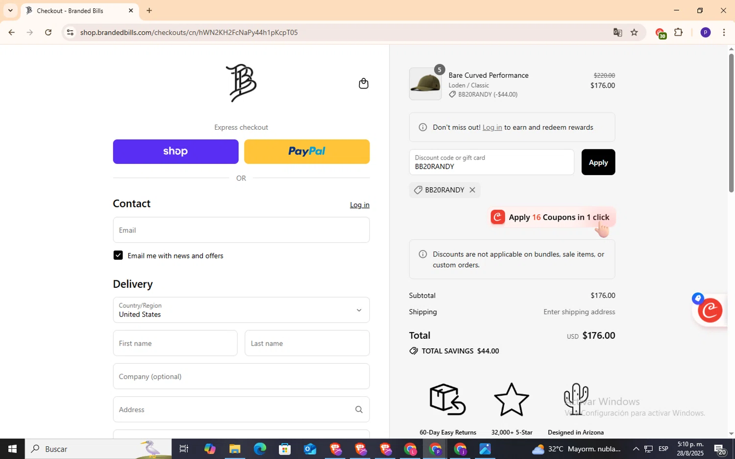 Branded Bills discount code screenshot showing code BB20RANDY applied at Branded Bills checkout page. Uploaded by SimplyCodes community member NobleFox9153 on Aug 28, 2025