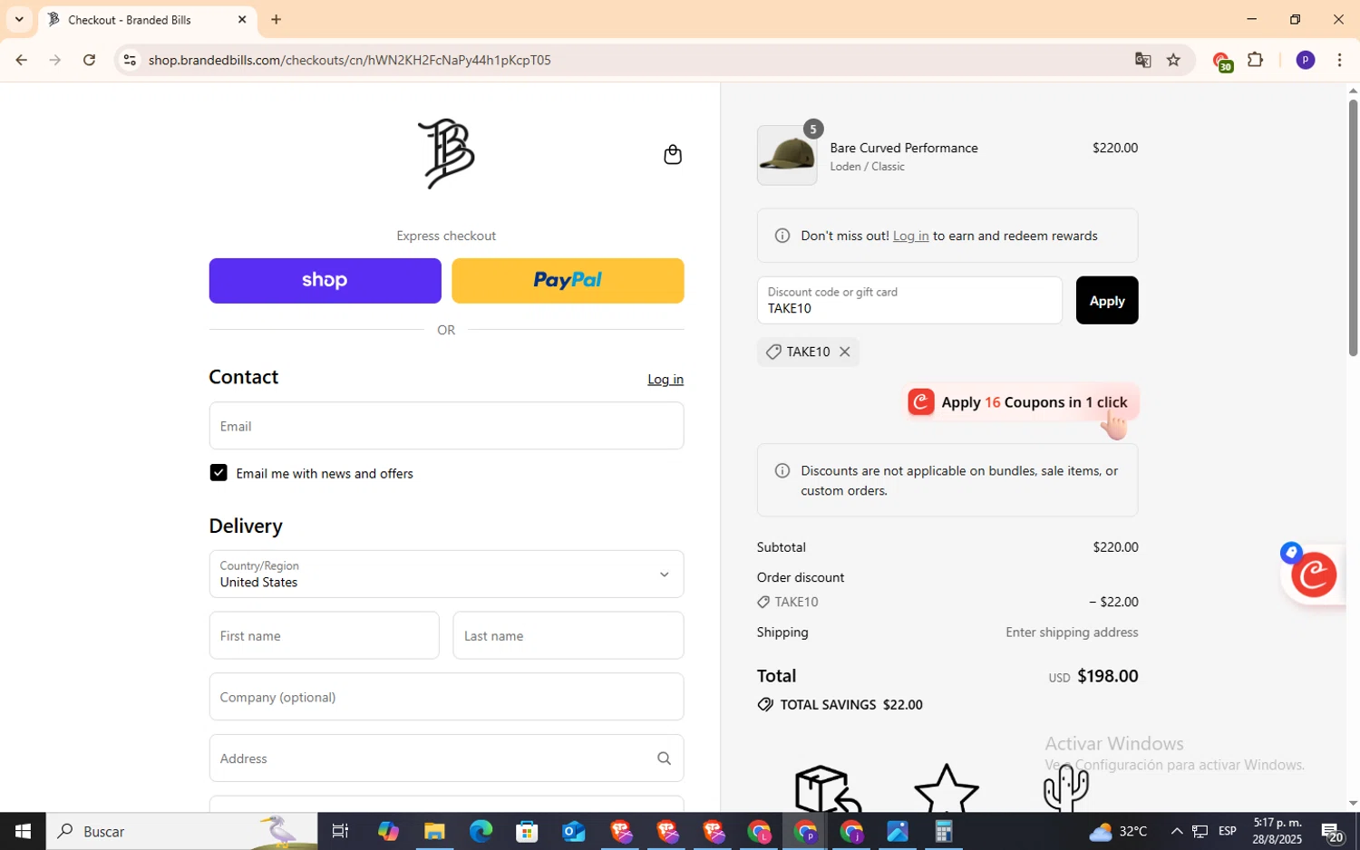 Branded Bills discount code screenshot showing code TAKE10 applied at Branded Bills checkout page. Uploaded by SimplyCodes community member NobleFox9153 on Aug 28, 2025