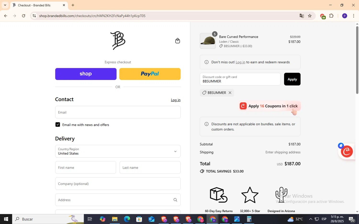 Branded Bills discount code screenshot showing code BBSUMMER applied at Branded Bills checkout page. Uploaded by SimplyCodes community member NobleFox9153 on Aug 28, 2025