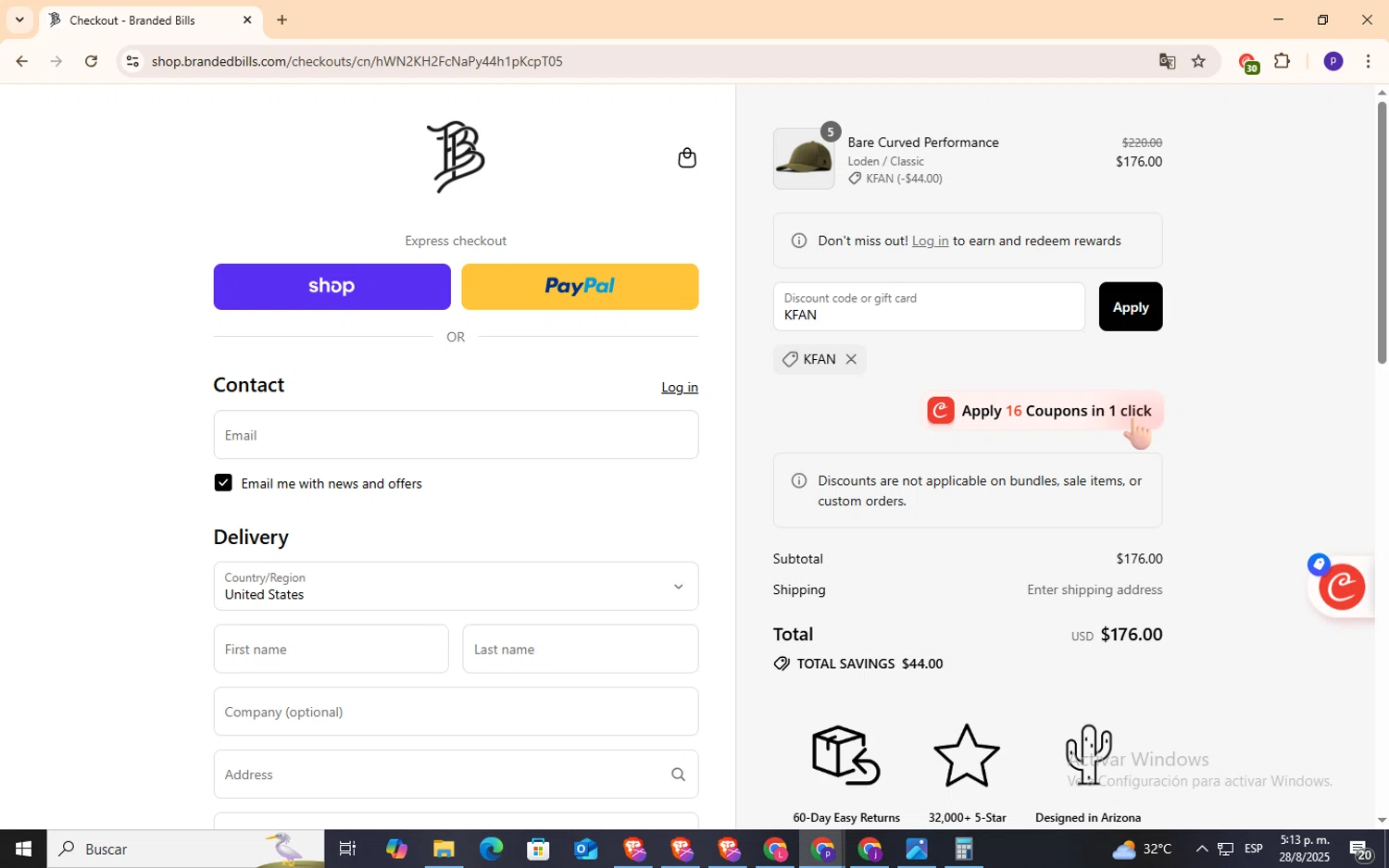 Branded Bills discount code screenshot showing code KFAN applied at Branded Bills checkout page. Uploaded by SimplyCodes community member NobleFox9153 on Aug 28, 2025