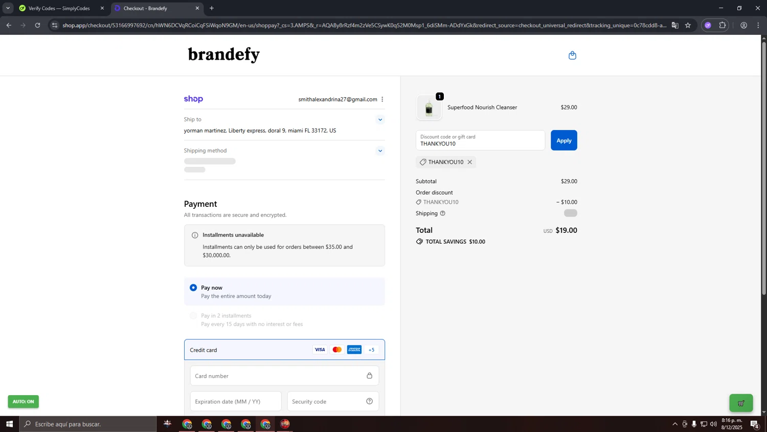 Brandefy Skin promo code screenshot showing code THANKYOU10 applied at Brandefy Skin checkout page. Uploaded by SimplyCodes community member CashSage1885 on Dec 9, 2025