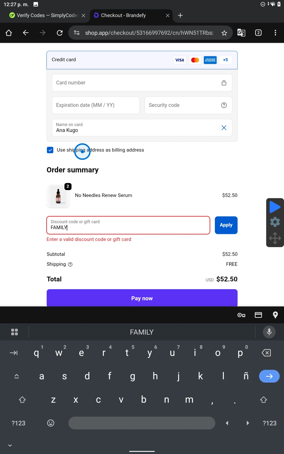 Brandefy Skin promo code screenshot showing code FAMILY applied at Brandefy Skin checkout page. Uploaded by SimplyCodes community member SmartWhiz9028 on Nov 7, 2025