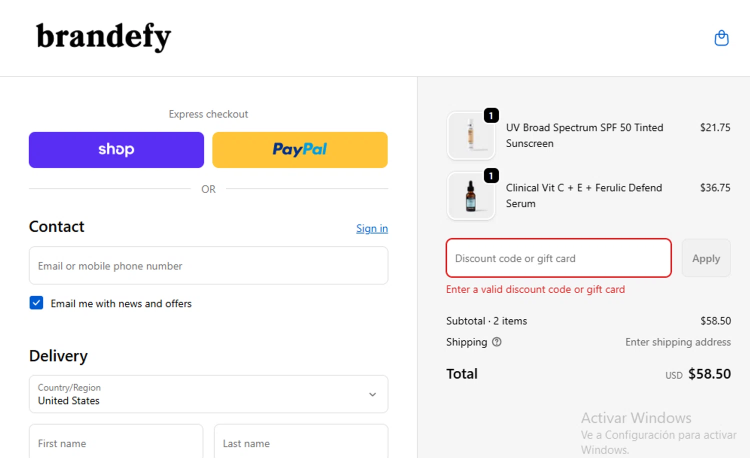 Brandefy Skin promo code screenshot showing code WELCOME20 applied at Brandefy Skin checkout page. Uploaded by SimplyCodes community member delvisgomez on Nov 7, 2025