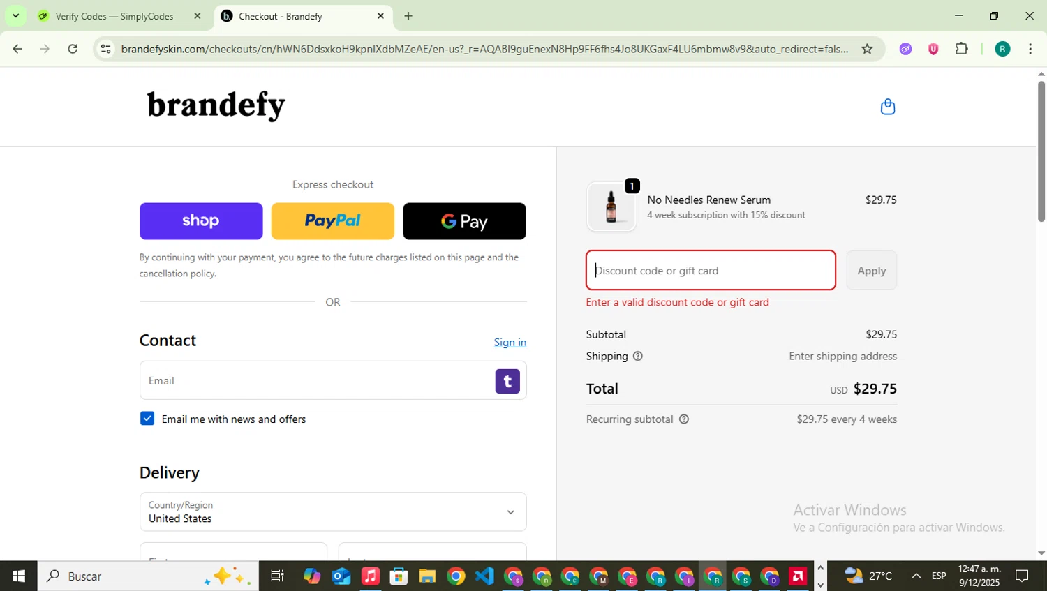 Brandefy Skin promo code screenshot showing code BESTIE applied at Brandefy Skin checkout page. Uploaded by SimplyCodes community member SavingsLegend387 on Dec 9, 2025