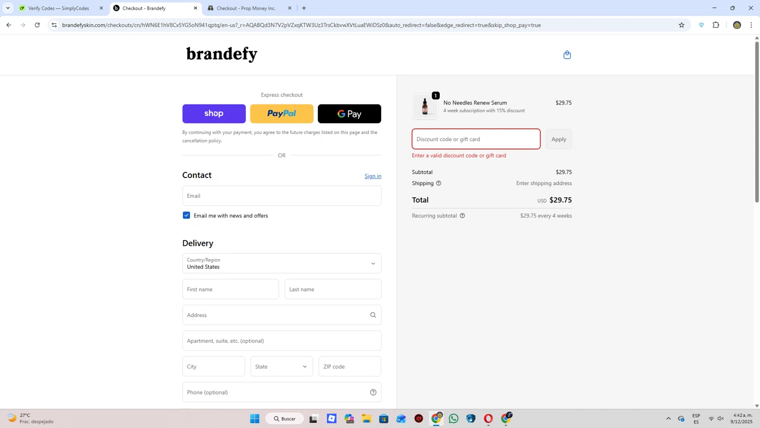 Brandefy Skin promo code screenshot showing code BESTIE applied at Brandefy Skin checkout page. Uploaded by SimplyCodes community member WonderLion2189 on Dec 9, 2025