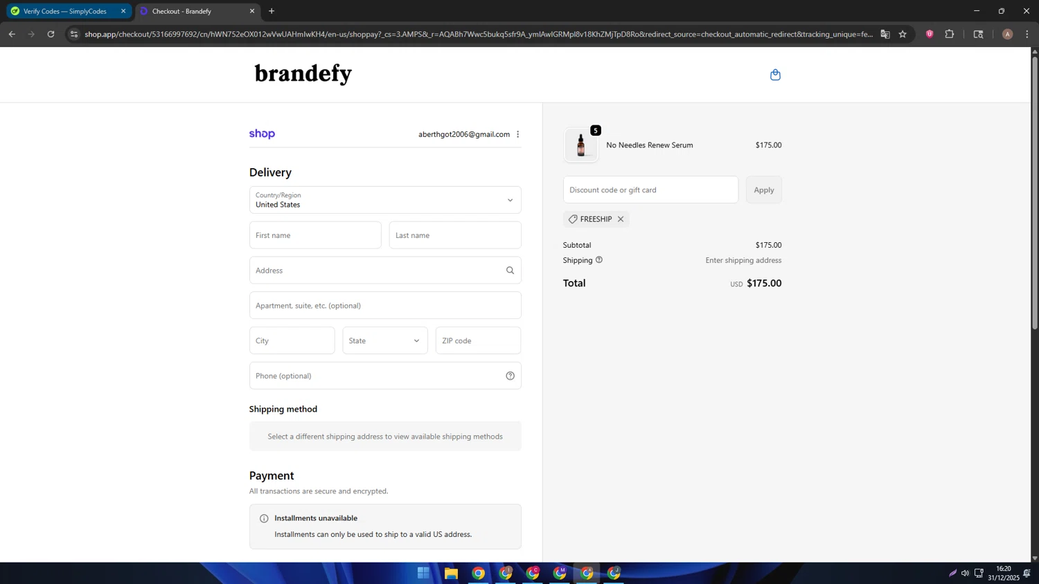 Brandefy Skin promo code screenshot showing code FREESHIP applied at Brandefy Skin checkout page. Uploaded by SimplyCodes community member SwiftSage2309 on Dec 31, 2025
