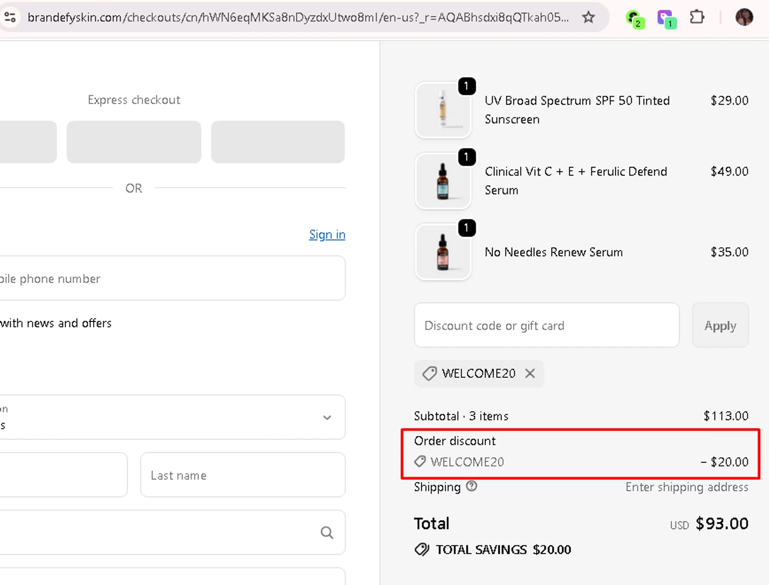 Brandefy Skin promo code screenshot showing code WELCOME20 applied at Brandefy Skin checkout page. Uploaded by SimplyCodes community member AMANDA2681 on Dec 20, 2025