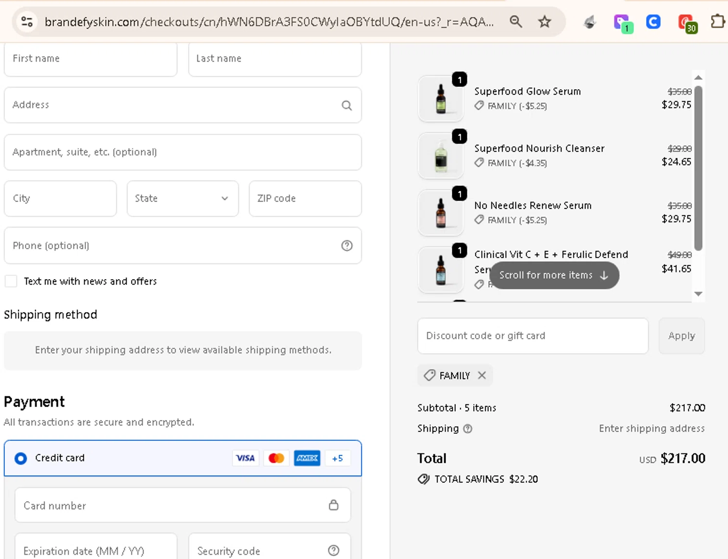 Brandefy Skin promo code screenshot showing code FAMILY applied at Brandefy Skin checkout page. Uploaded by SimplyCodes community member AMANDA2681 on Dec 9, 2025