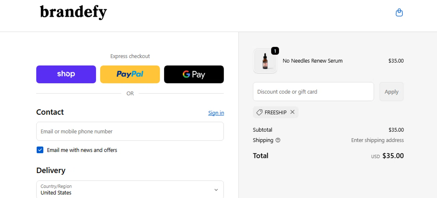 Brandefy Skin promo code screenshot showing code FREESHIP applied at Brandefy Skin checkout page. Uploaded by SimplyCodes community member Jhonny on Dec 20, 2025