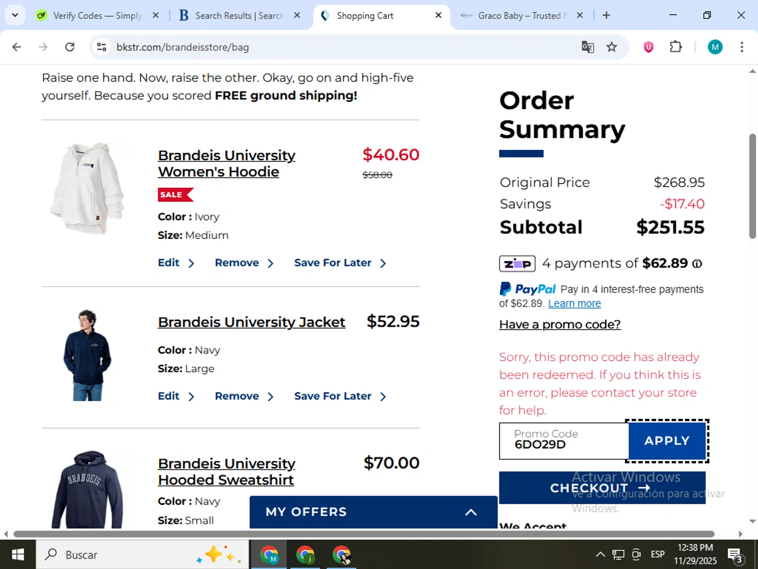 Brandeis University promo code screenshot showing code 6DO29D applied at Brandeis University checkout page. Uploaded by SimplyCodes community member estrellaveloz on Nov 29, 2025