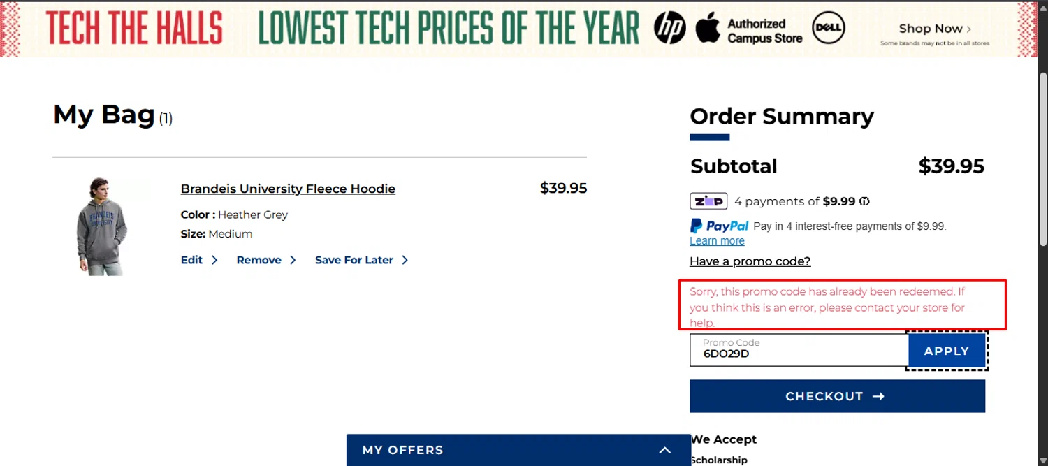 Brandeis University promo code screenshot showing code 6DO29D applied at Brandeis University checkout page. Uploaded by SimplyCodes community member noworries on Nov 23, 2025