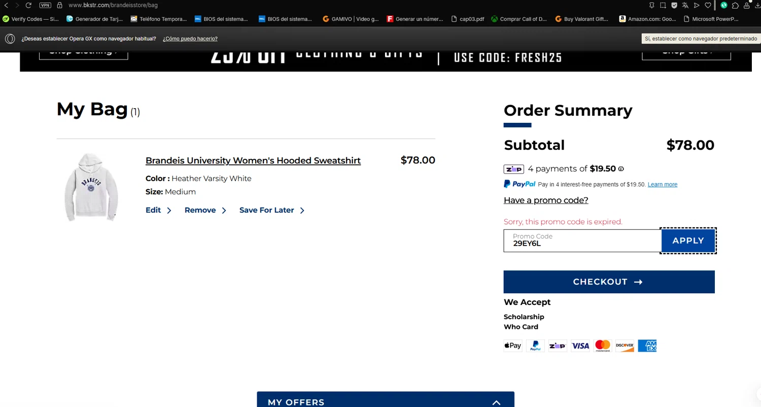 Brandeis University promo code screenshot showing code 29EY6L applied at Brandeis University checkout page. Uploaded by SimplyCodes community member csarsanchez on Jan 20, 2026
