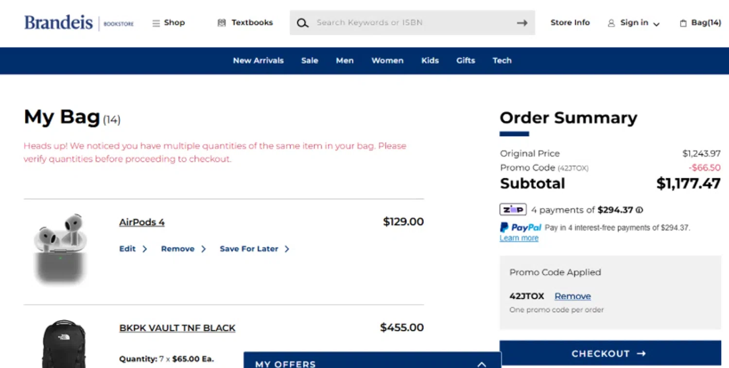 Brandeis University checkout page showing Brandeis University promo code box | Screenshot taken by SimplyCodes community member on Jan 20, 2026