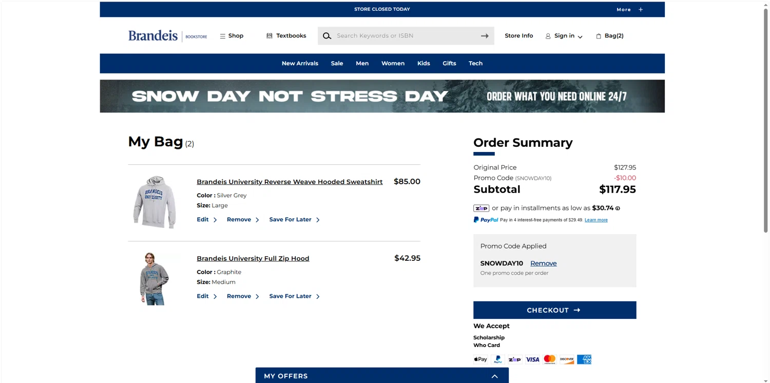 Brandeis University checkout page showing Brandeis University promo code box | Screenshot taken by SimplyCodes community member on Jan 27, 2026