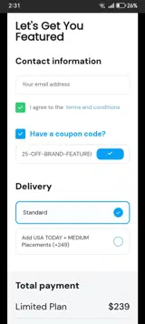 25-OFF-BRAND-FEATURED coupon verification screenshot