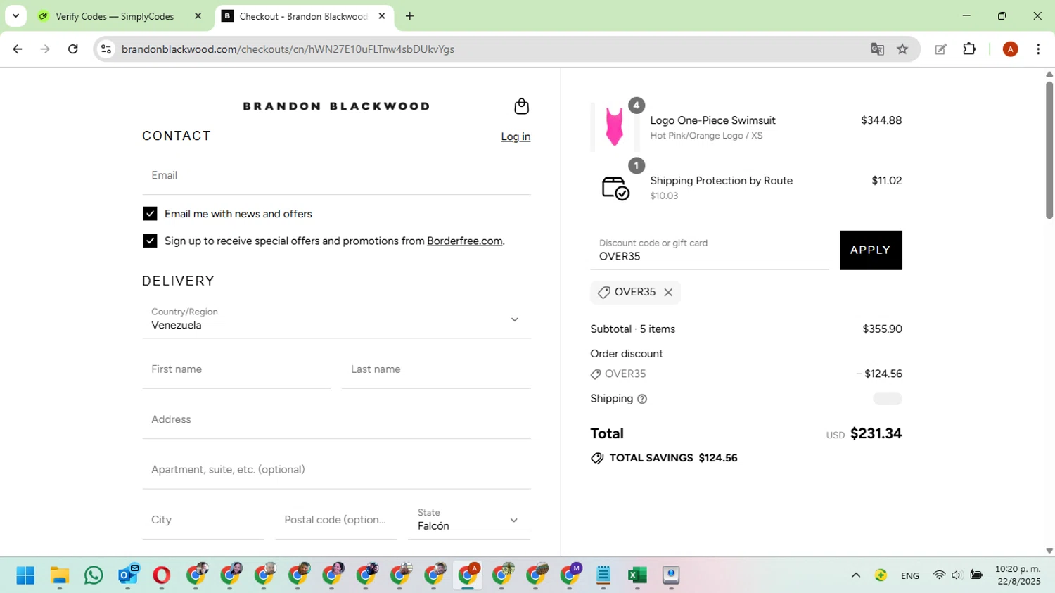 BRANDON BLACKWOOD discount code screenshot showing code OVER35 applied at BRANDON BLACKWOOD checkout page. Uploaded by SimplyCodes community member CouponExpert7551 on Aug 23, 2025