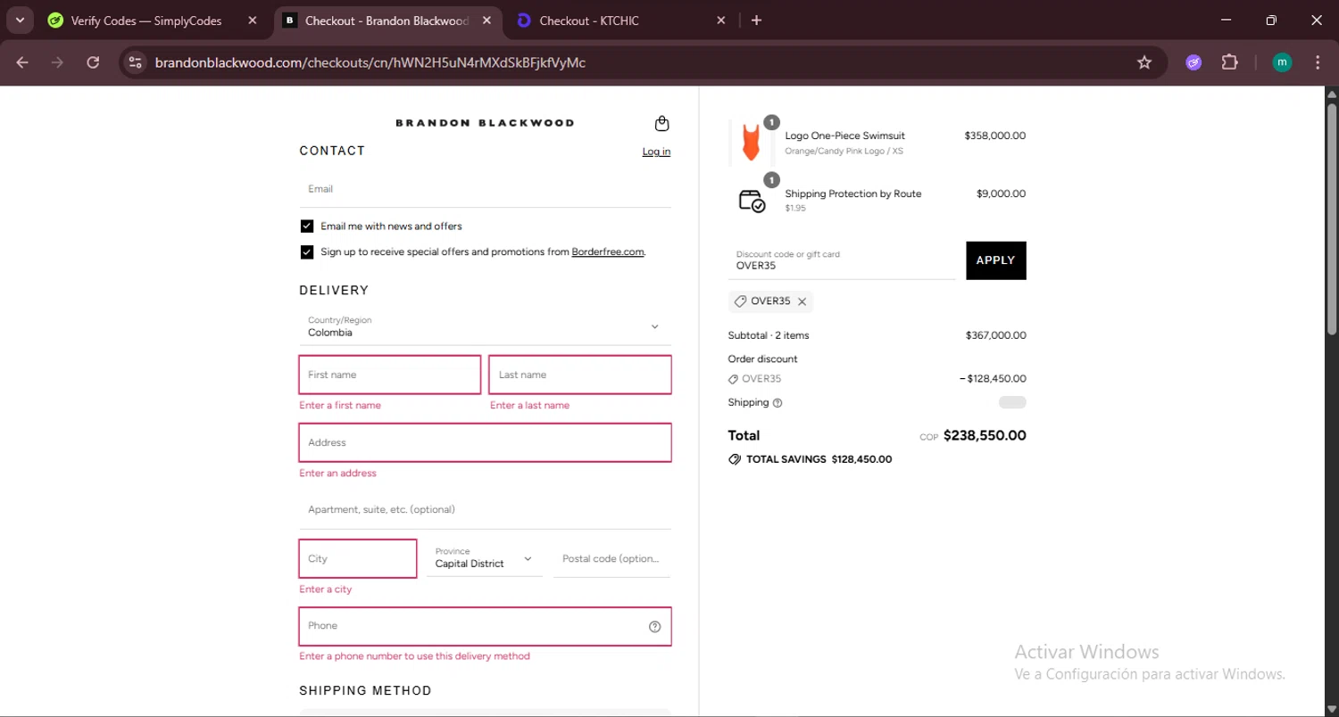 BRANDON BLACKWOOD discount code screenshot showing code OVER35 applied at BRANDON BLACKWOOD checkout page. Uploaded by SimplyCodes community member CrownSpotter4262 on Aug 27, 2025