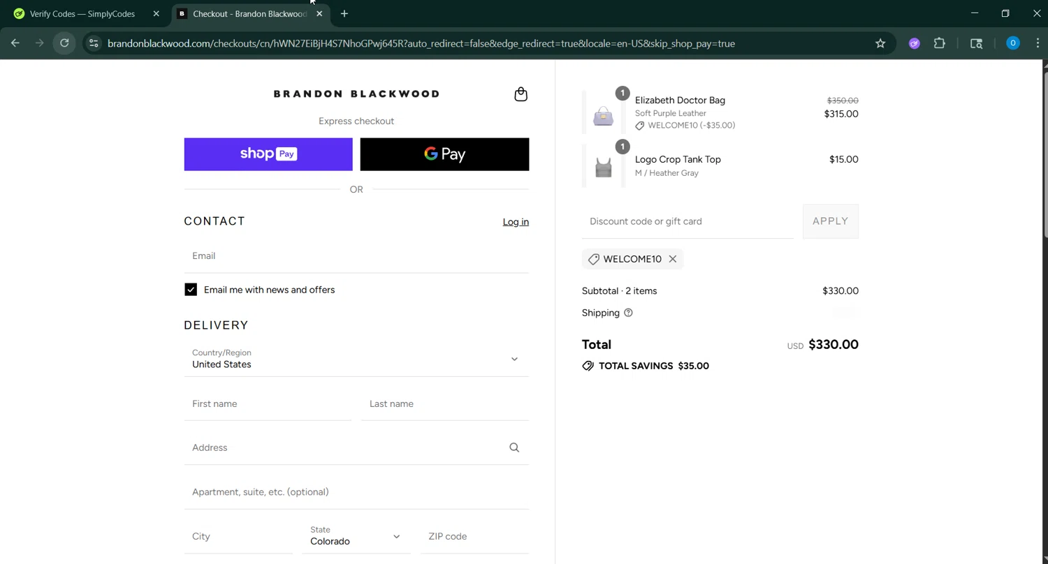 BRANDON BLACKWOOD discount code screenshot showing code WELCOME10 applied at BRANDON BLACKWOOD checkout page. Uploaded by SimplyCodes community member _____________ on Aug 23, 2025