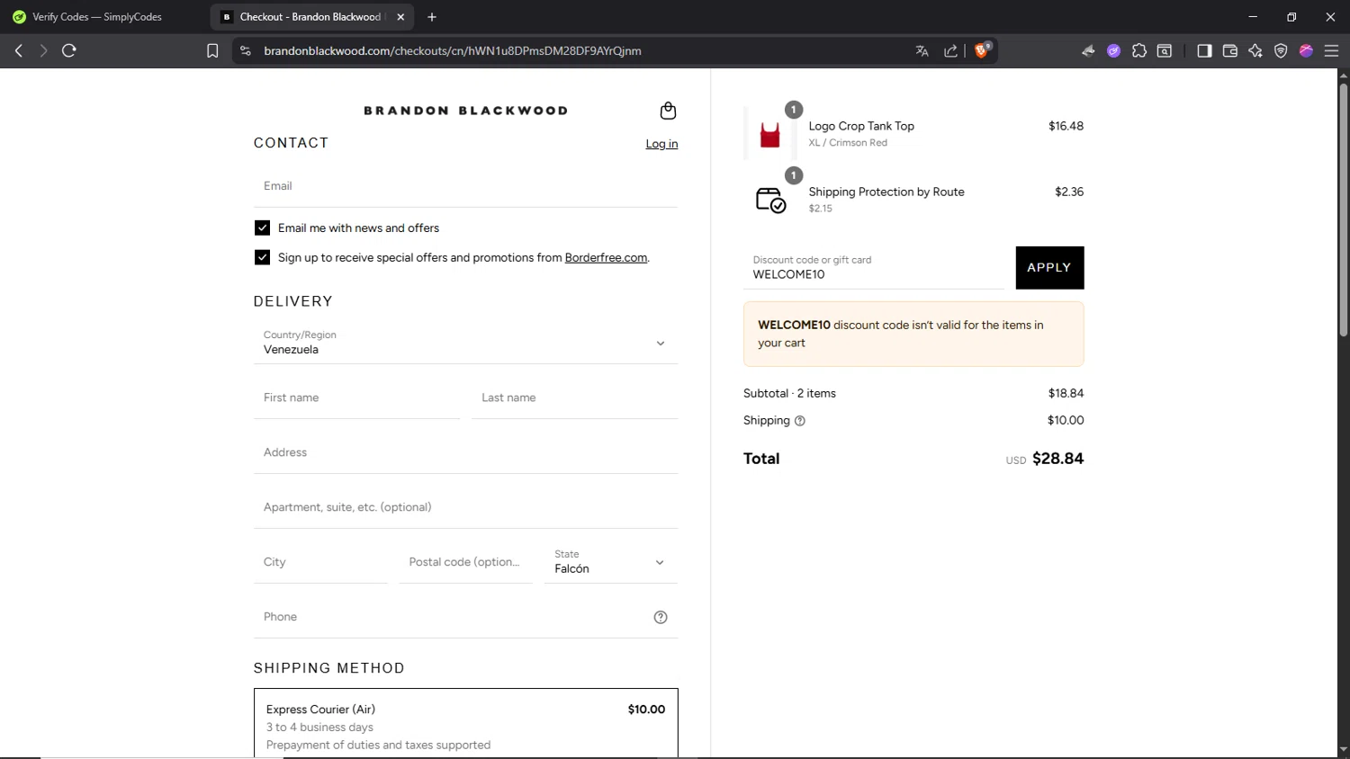 BRANDON BLACKWOOD discount code screenshot showing code WELCOME10 applied at BRANDON BLACKWOOD checkout page. Uploaded by SimplyCodes community member Morrachida04 on Aug 17, 2025