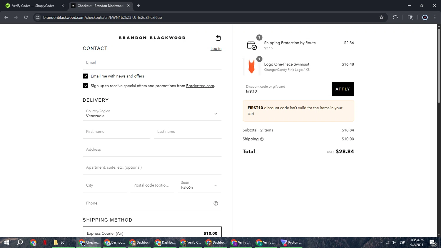 BRANDON BLACKWOOD discount code screenshot showing code first10 applied at BRANDON BLACKWOOD checkout page. Uploaded by SimplyCodes community member RoyalBoss4384 on Aug 9, 2025
