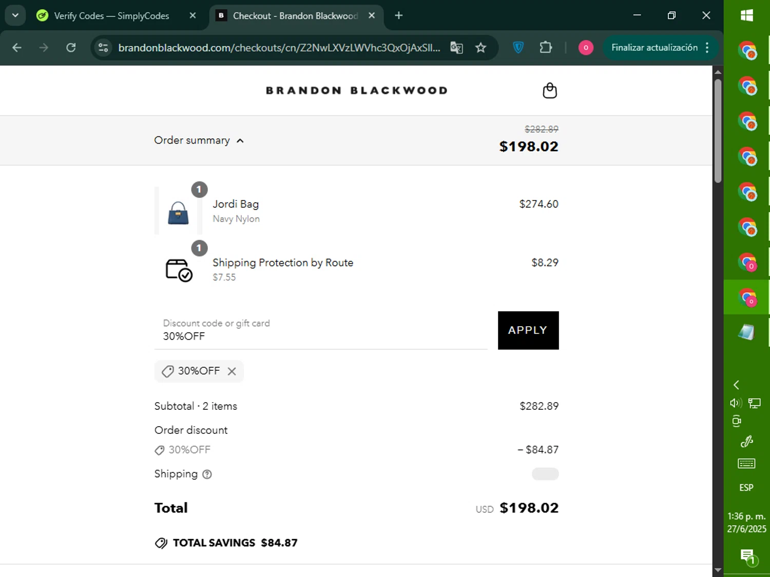 BRANDON BLACKWOOD discount code screenshot showing code 30%OFF applied at BRANDON BLACKWOOD checkout page. Uploaded by SimplyCodes community member RebateNavigator926 on Jun 27, 2025