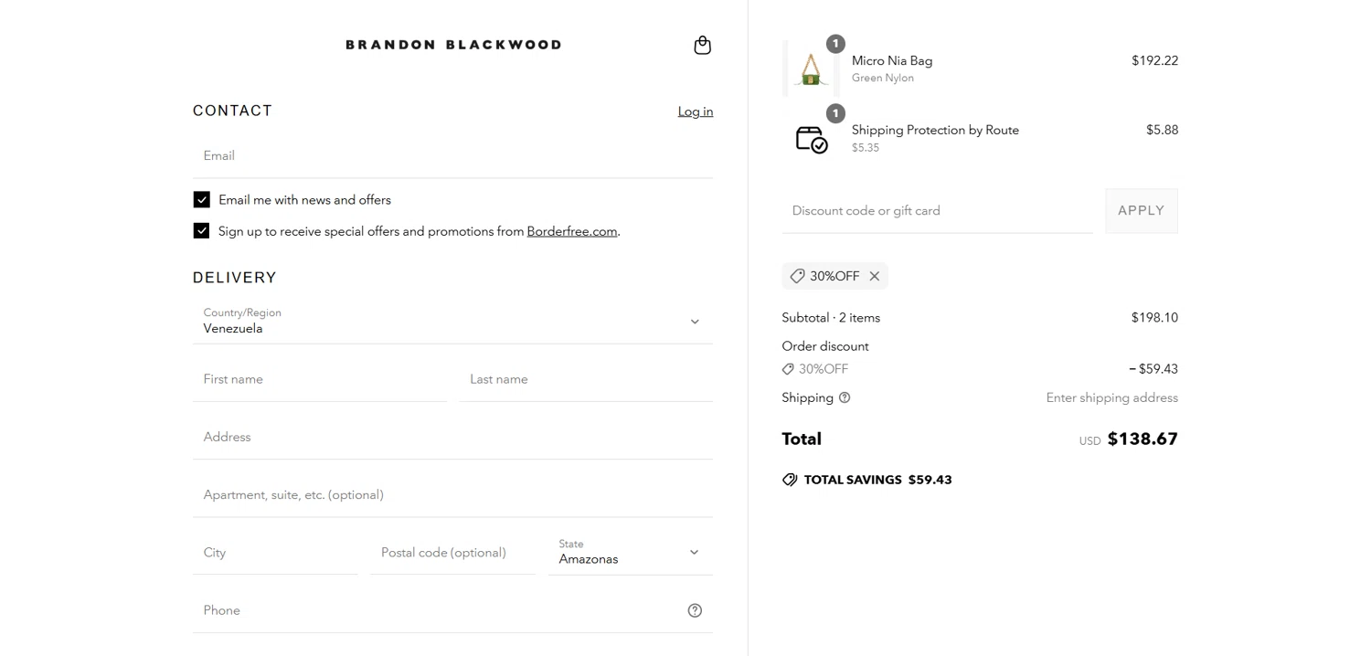 BRANDON BLACKWOOD discount code screenshot showing code 30%OFF applied at BRANDON BLACKWOOD checkout page. Uploaded by SimplyCodes community member Dorothy on Jun 1, 2025