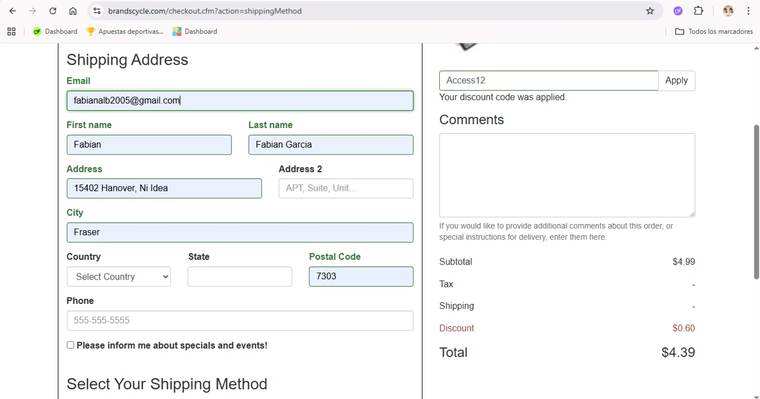 Brands Cycle and Fitness discount code screenshot showing code Access12 applied at Brands Cycle and Fitness checkout page. Uploaded by SimplyCodes community member LegendaryTitan9160 on Nov 9, 2025