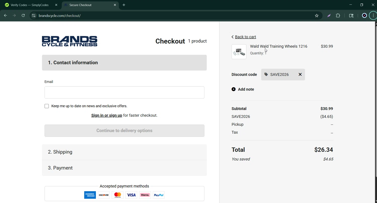 Brands Cycle and Fitness checkout page showing Brands Cycle and Fitness discount code box | Screenshot taken by SimplyCodes community member on Jan 12, 2026