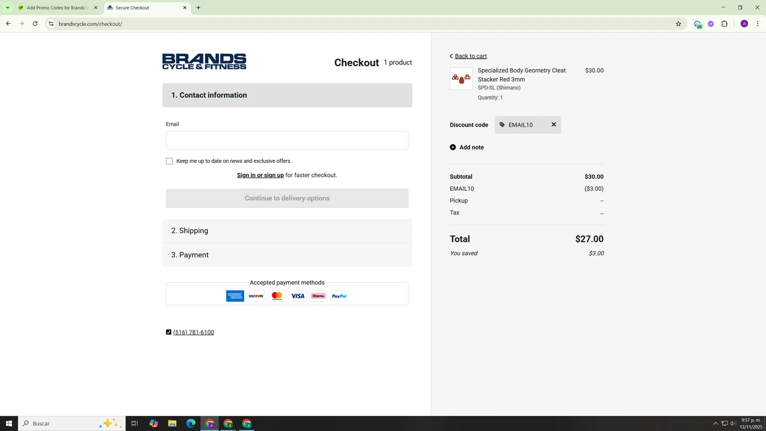 Brands Cycle and Fitness discount code screenshot showing code EMAIL10 applied at Brands Cycle and Fitness checkout page. Uploaded by SimplyCodes community member AnthonyGTX on Nov 14, 2025