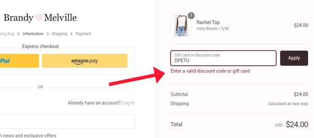 Brandy Melville checkout page showing Brandy Melville discount code box | Screenshot taken by SimplyCodes community member on Mar 8, 2021