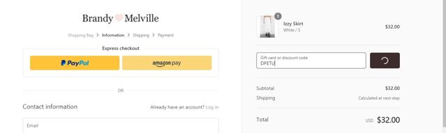 Brandy Melville checkout page showing Brandy Melville discount code box | Screenshot taken by SimplyCodes community member on Mar 8, 2021