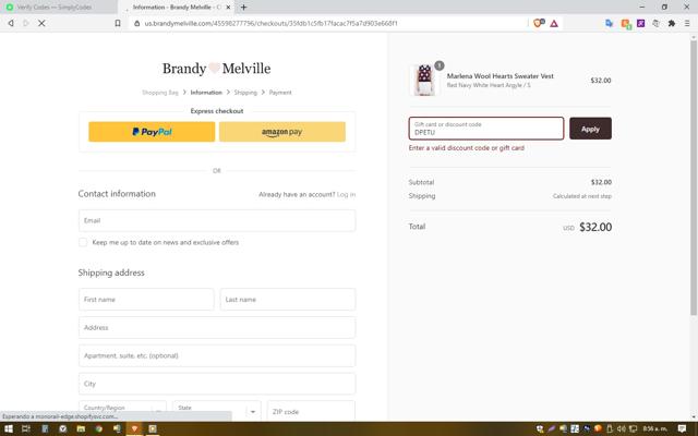 Brandy Melville checkout page showing Brandy Melville discount code box | Screenshot taken by SimplyCodes community member on Mar 13, 2021