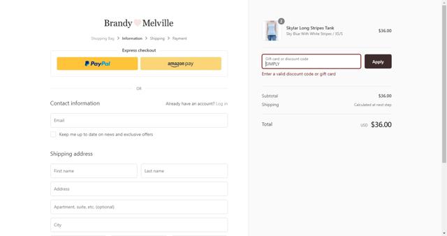 Brandy Melville checkout page showing Brandy Melville discount code box | Screenshot taken by SimplyCodes community member on Mar 20, 2021