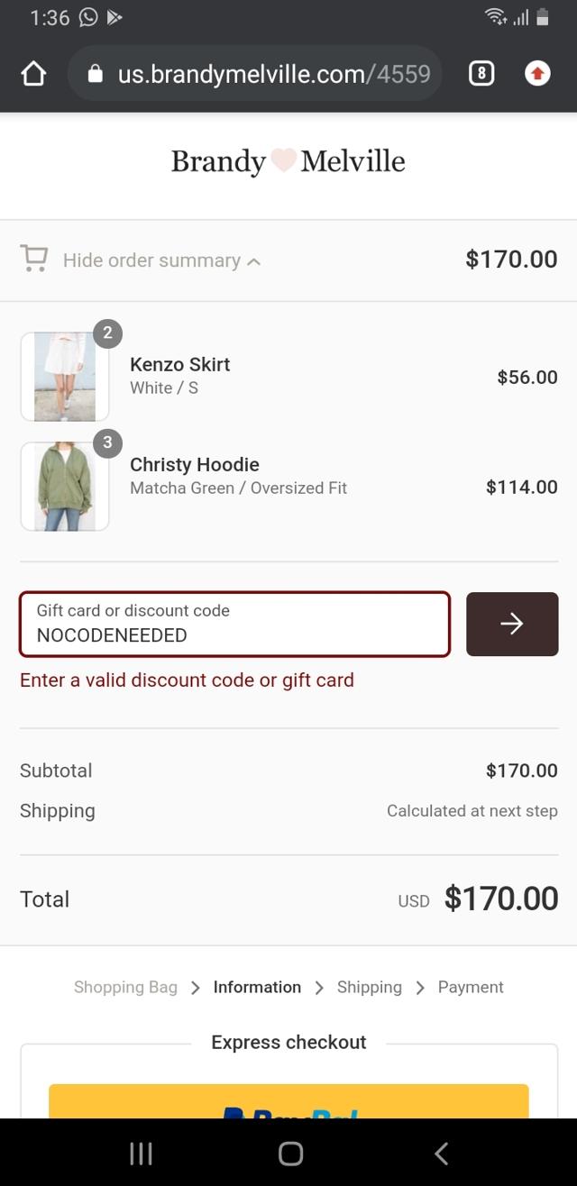 Brandy Melville checkout page showing Brandy Melville discount code box | Screenshot taken by SimplyCodes community member on Mar 7, 2021