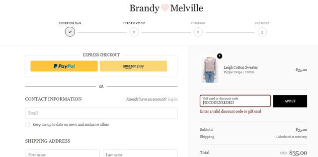 Brandy Melville checkout page showing Brandy Melville discount code box | Screenshot taken by SimplyCodes community member on Mar 30, 2021