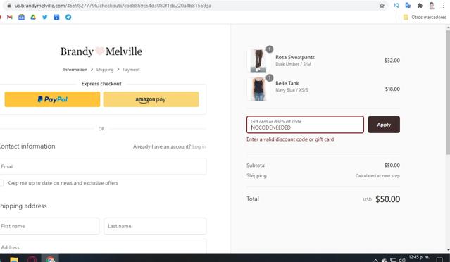 Brandy Melville checkout page showing Brandy Melville discount code box | Screenshot taken by SimplyCodes community member on Mar 6, 2021