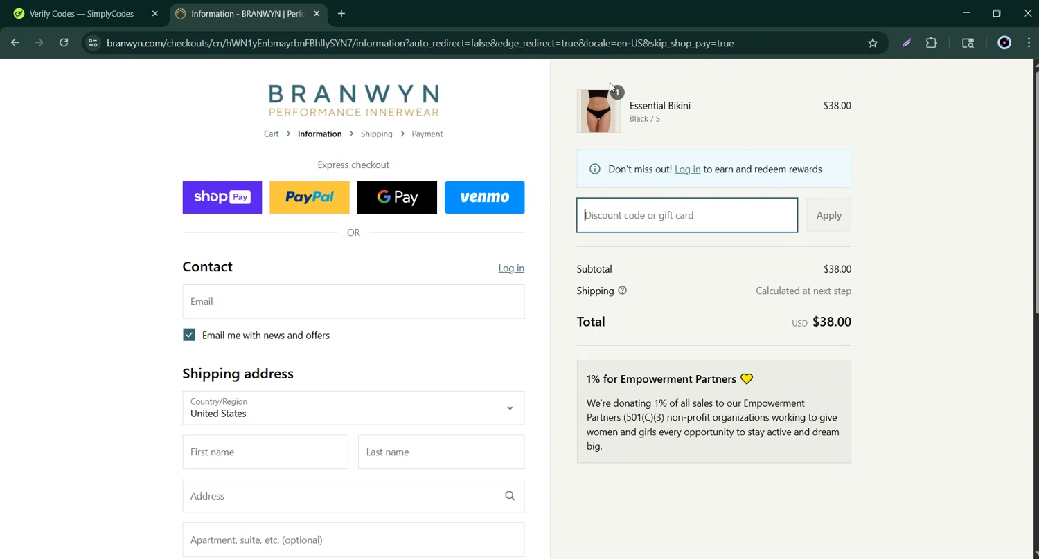 BRANWYN discount code screenshot showing code WELCOME15 applied at BRANWYN checkout page. Uploaded by SimplyCodes community member Bernard_Lowe on Aug 19, 2025