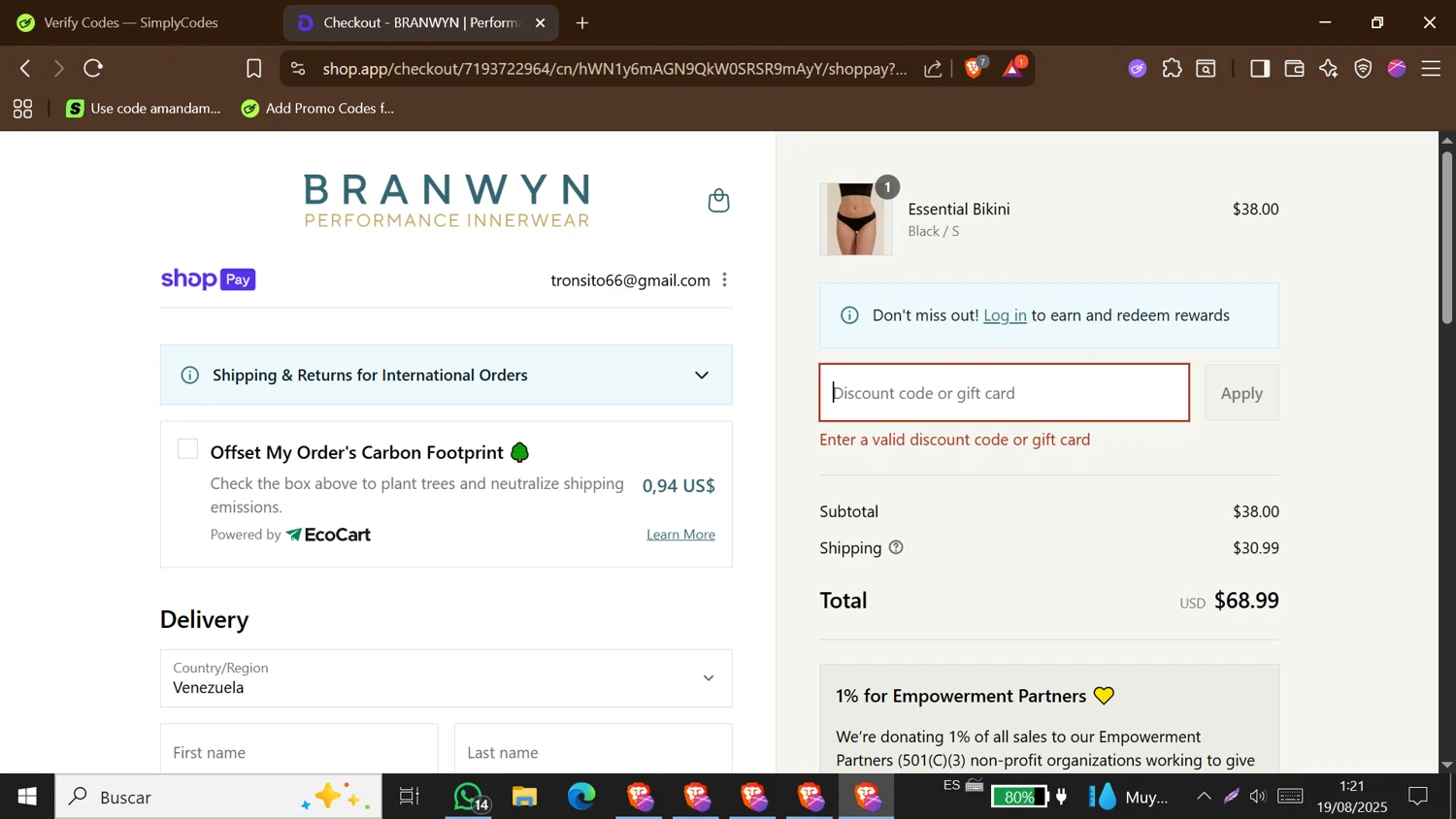 BRANWYN discount code screenshot showing code WELCOME15 applied at BRANWYN checkout page. Uploaded by SimplyCodes community member MoneyShopper1883 on Aug 19, 2025