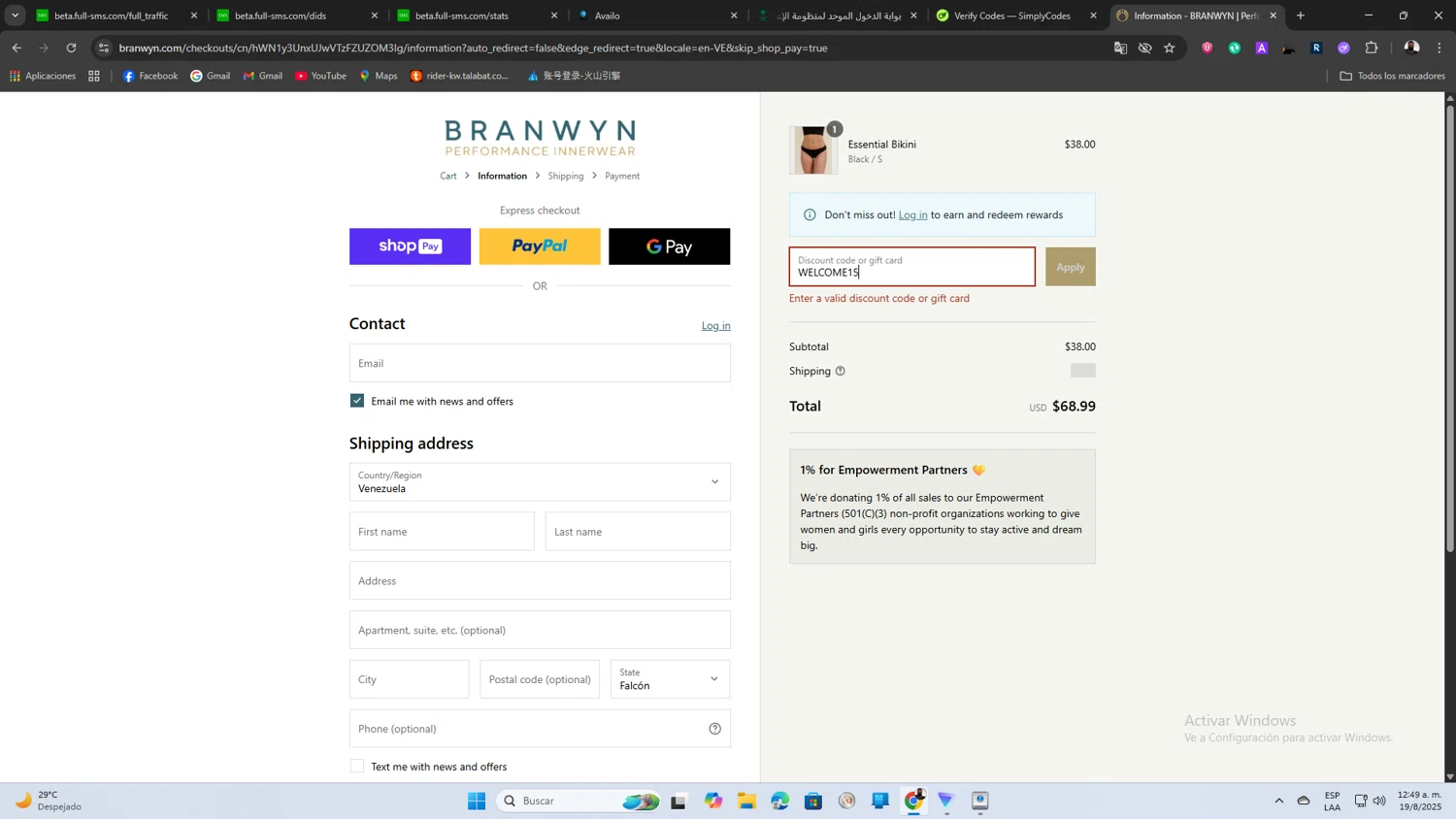 BRANWYN discount code screenshot showing code WELCOME15 applied at BRANWYN checkout page. Uploaded by SimplyCodes community member SaleScout3344 on Aug 19, 2025