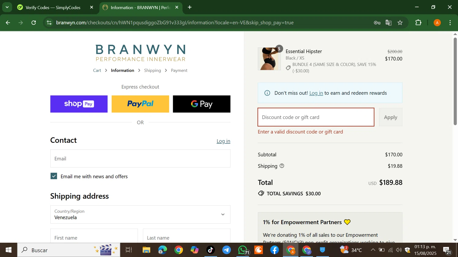 BRANWYN discount code screenshot showing code SOCIAL15 applied at BRANWYN checkout page. Uploaded by SimplyCodes community member AlfredoBonifacio on Aug 15, 2025