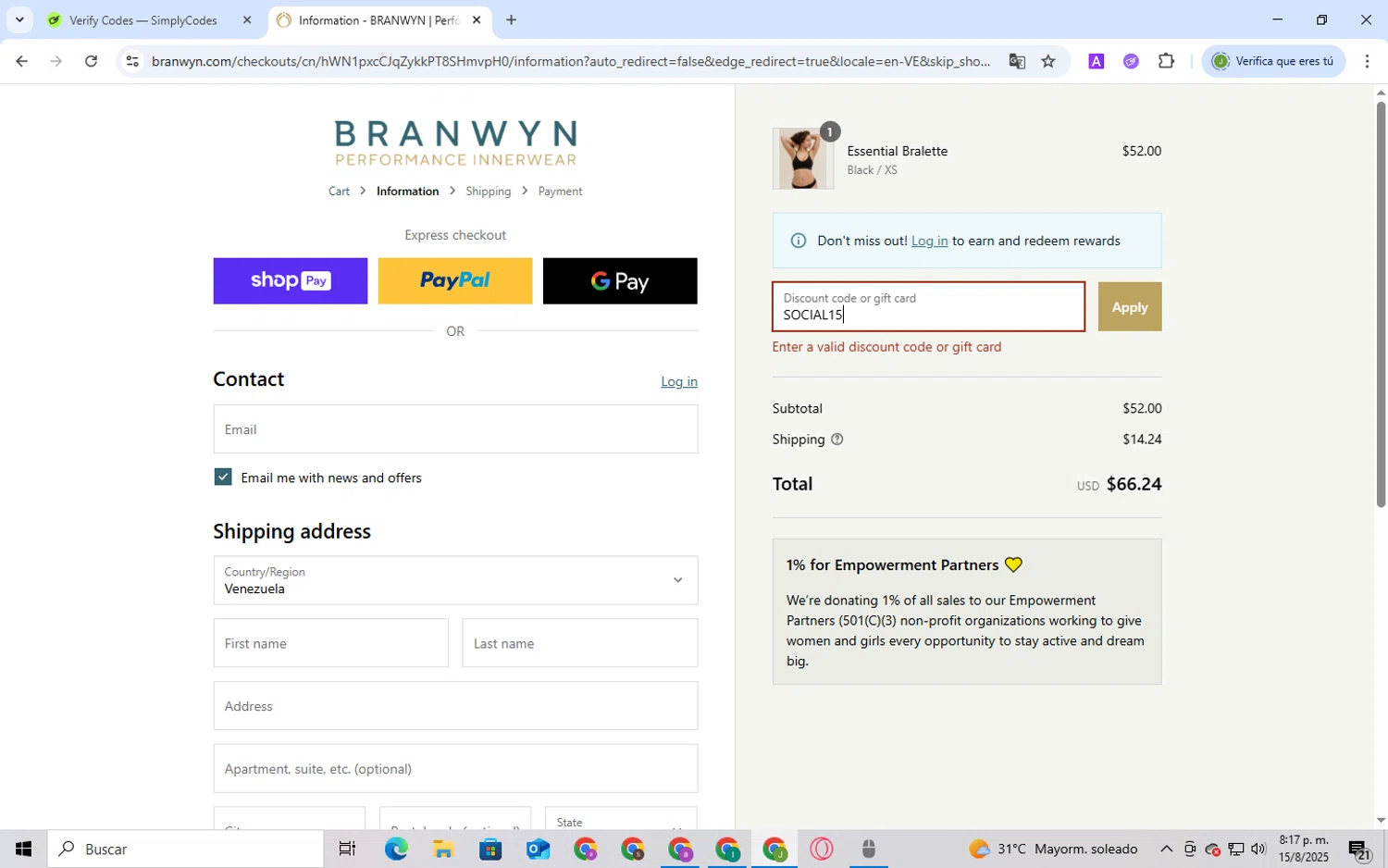 BRANWYN discount code screenshot showing code SOCIAL15 applied at BRANWYN checkout page. Uploaded by SimplyCodes community member BukayoSaka on Aug 15, 2025