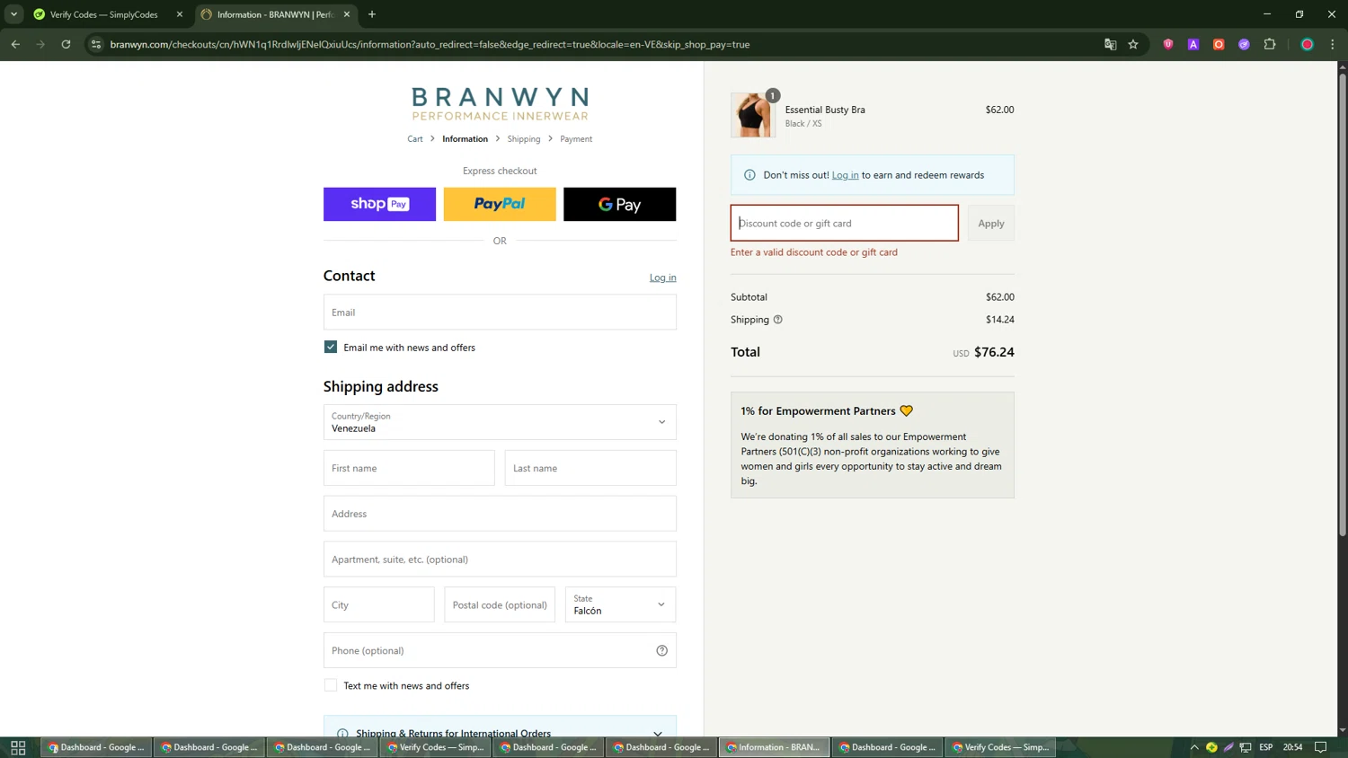 BRANWYN discount code screenshot showing code SOCIAL15 applied at BRANWYN checkout page. Uploaded by SimplyCodes community member james_smith on Aug 15, 2025