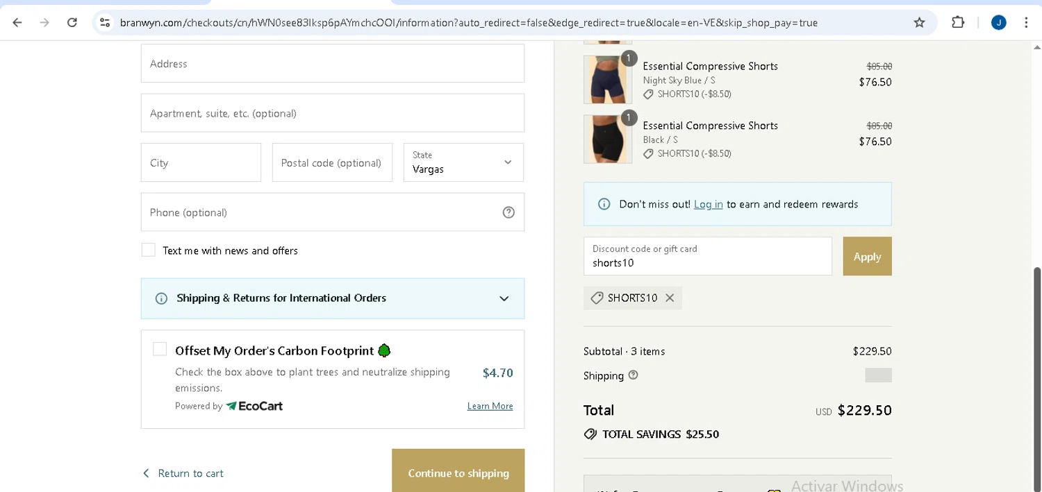 BRANWYN discount code screenshot showing code shorts10 applied at BRANWYN checkout page. Uploaded by SimplyCodes community member josecaraballo1 on Jul 21, 2025