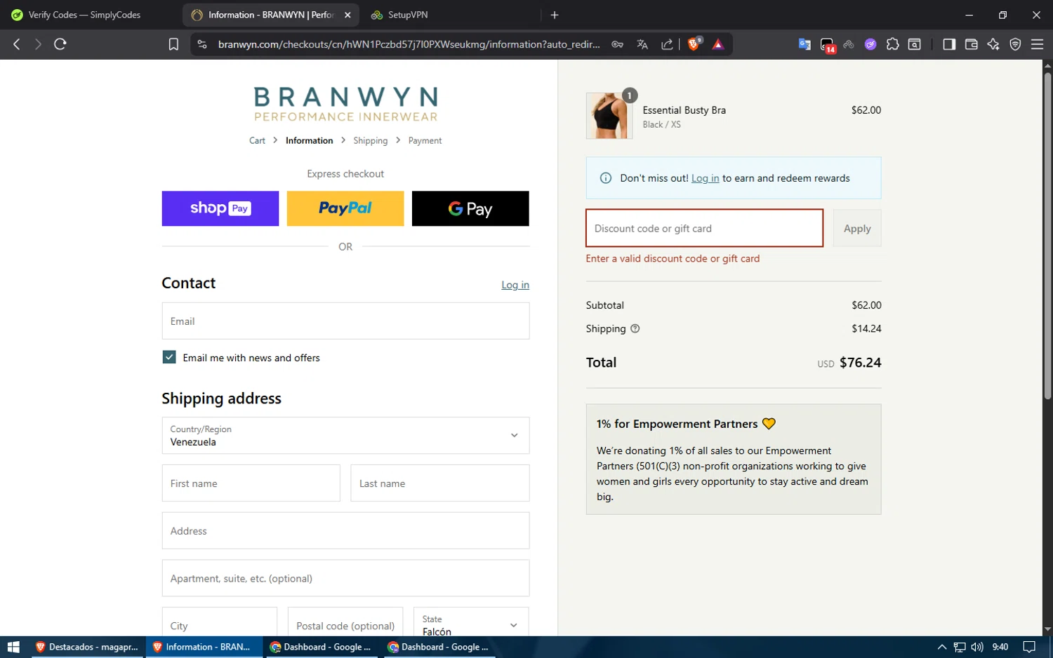 BRANWYN discount code screenshot showing code BUSTYLOVE_15 applied at BRANWYN checkout page. Uploaded by SimplyCodes community member ShieldElite2370 on Aug 4, 2025