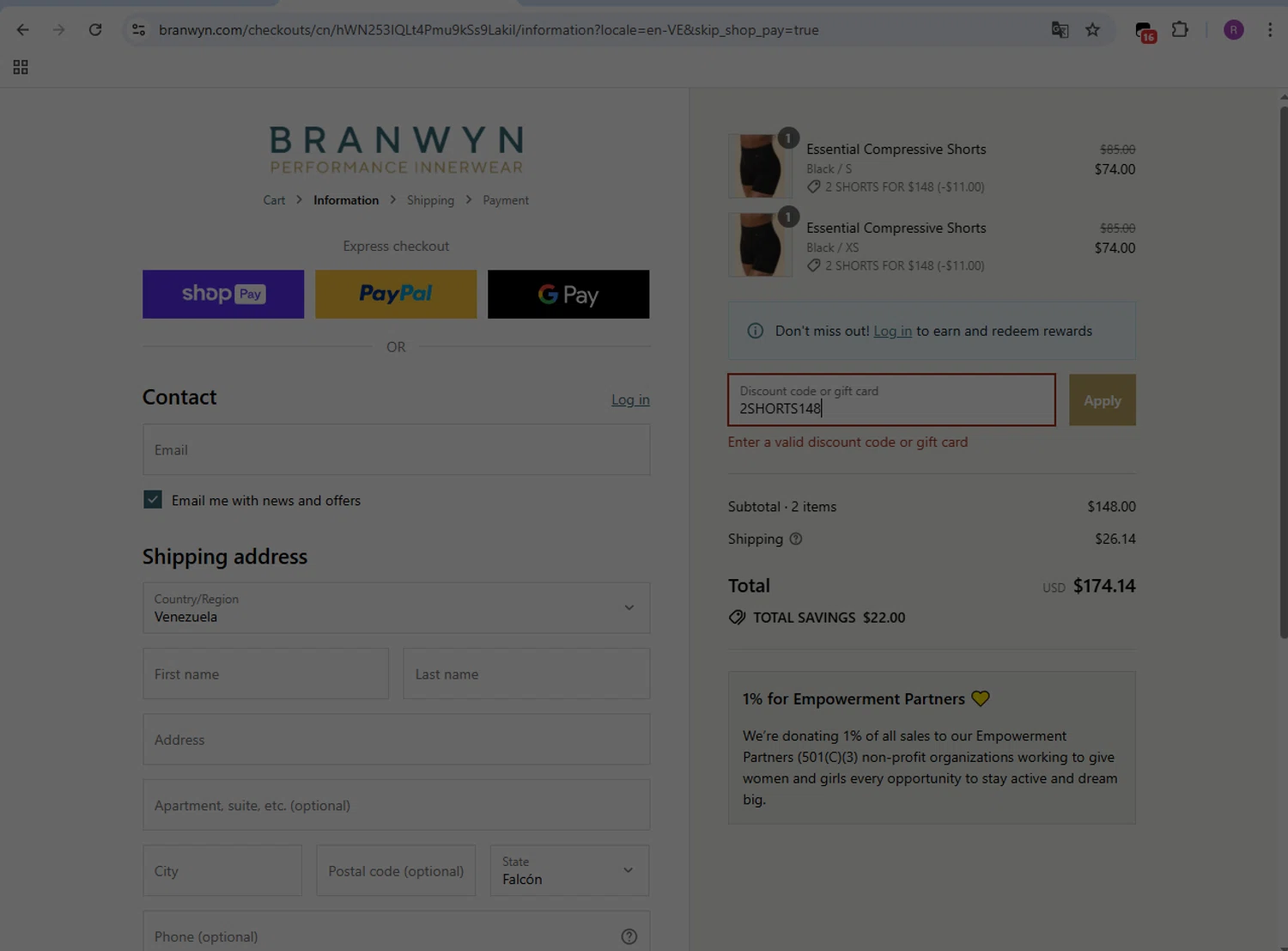BRANWYN discount code screenshot showing code 2SHORTS148 applied at BRANWYN checkout page. Uploaded by SimplyCodes community member GloriousMaven6295 on Aug 22, 2025