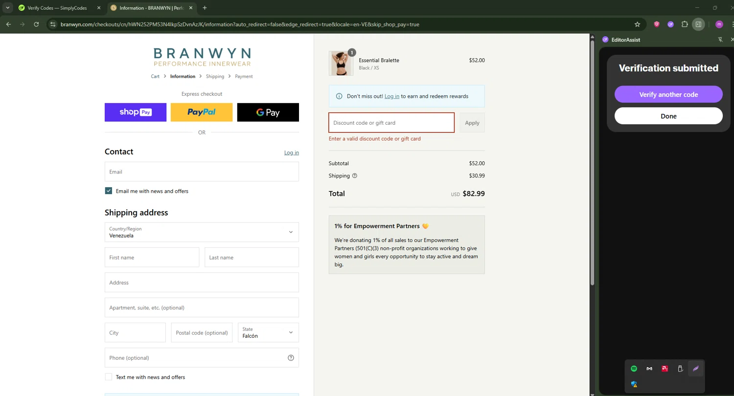 BRANWYN discount code screenshot showing code 2SHORTS148 applied at BRANWYN checkout page. Uploaded by SimplyCodes community member PennyWizard1195 on Aug 22, 2025
