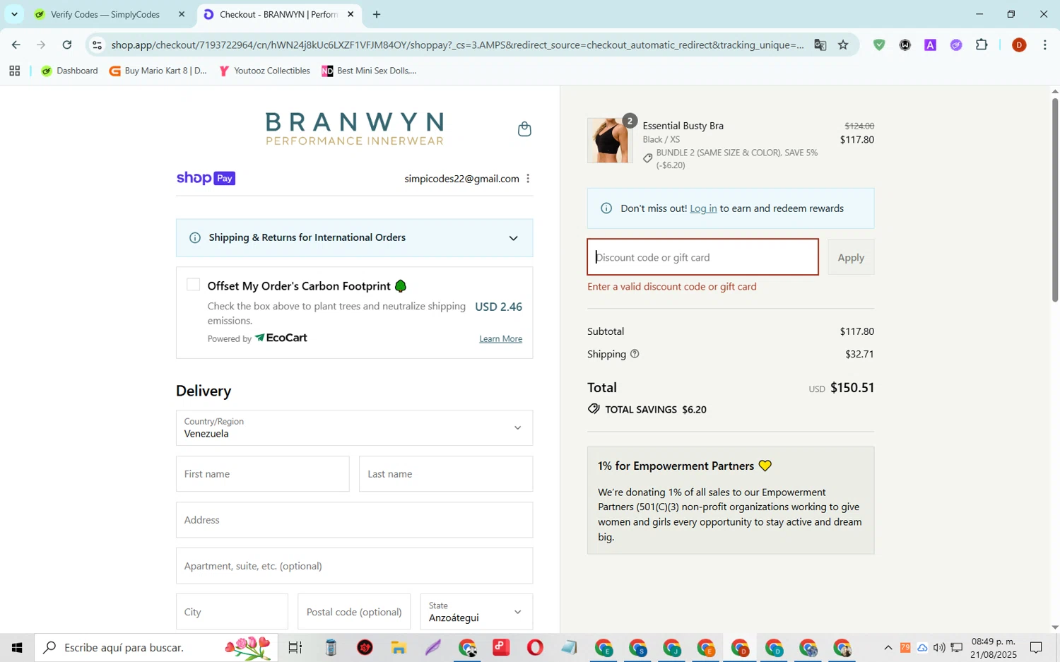 BRANWYN discount code screenshot showing code 2SHORTS148 applied at BRANWYN checkout page. Uploaded by SimplyCodes community member SaleSaver3540 on Aug 22, 2025